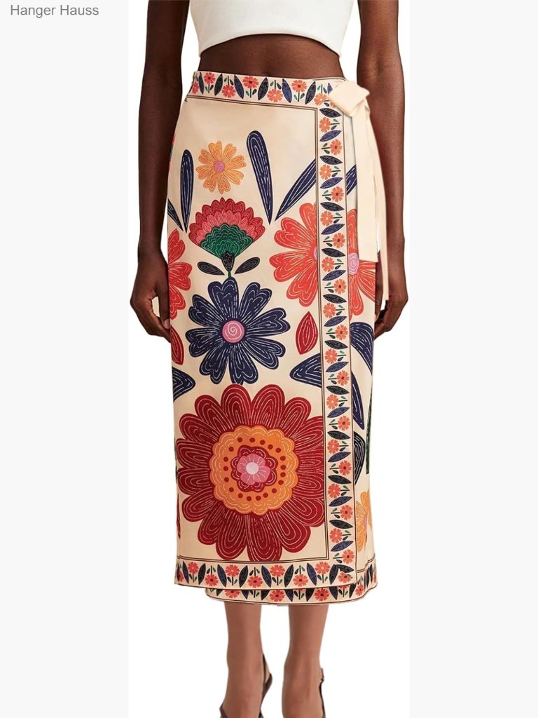 Floral Wrap Midi Skirt High Waist A-Line Flared Summer Beach Boho Long Side Tie